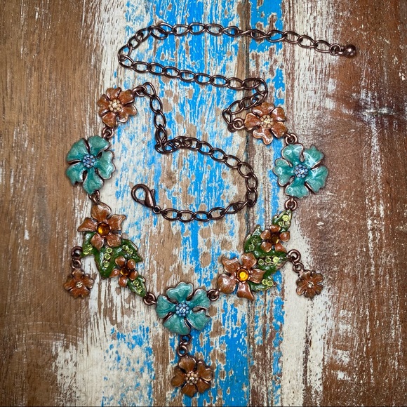 Vintage Enamel Flower Statement Necklace w Sparkly Crystals & Dangles - Picture 4 of 10